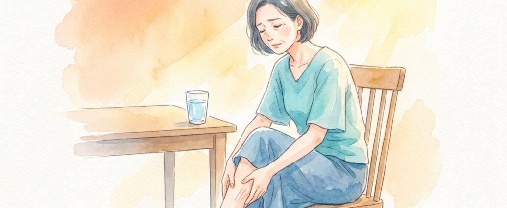 夏の暑さで足がつり、ふくらはぎをさすってつらそうな女性のイラスト