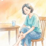 夏の暑さで足がつり、ふくらはぎをさすってつらそうな女性のイラスト