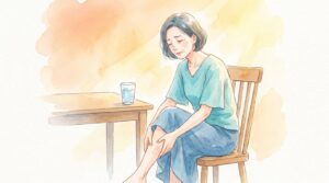 夏の暑さで足がつり、ふくらはぎをさすってつらそうな女性のイラスト