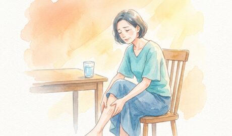 夏の暑さで足がつり、ふくらはぎをさすってつらそうな女性のイラスト