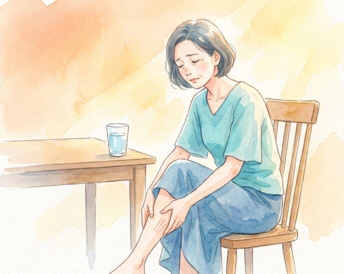 夏の暑さで足がつり、ふくらはぎをさすってつらそうな女性のイラスト