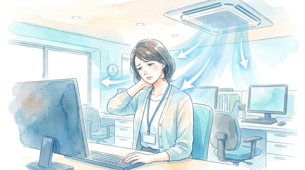 夏のオフィスでエアコンの冷風を受け、首の後ろを押さえてつらそうな女性のイラスト
