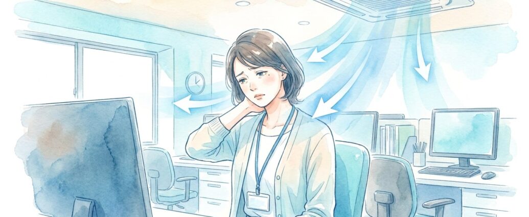 夏のオフィスでエアコンの冷風を受け、首の後ろを押さえてつらそうな女性のイラスト