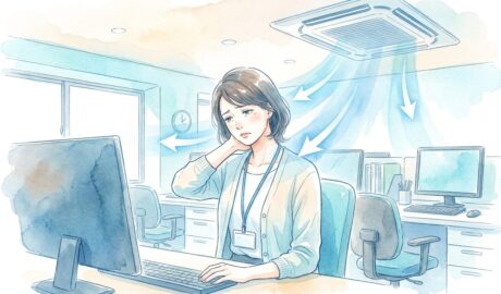 夏のオフィスでエアコンの冷風を受け、首の後ろを押さえてつらそうな女性のイラスト
