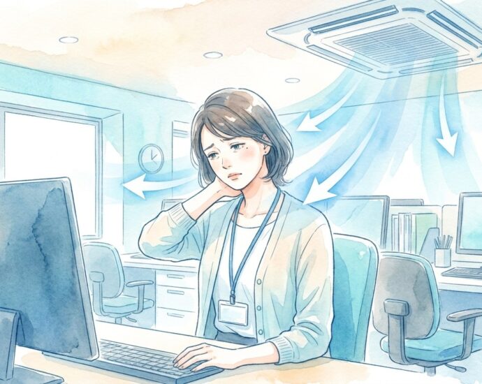 夏のオフィスでエアコンの冷風を受け、首の後ろを押さえてつらそうな女性のイラスト