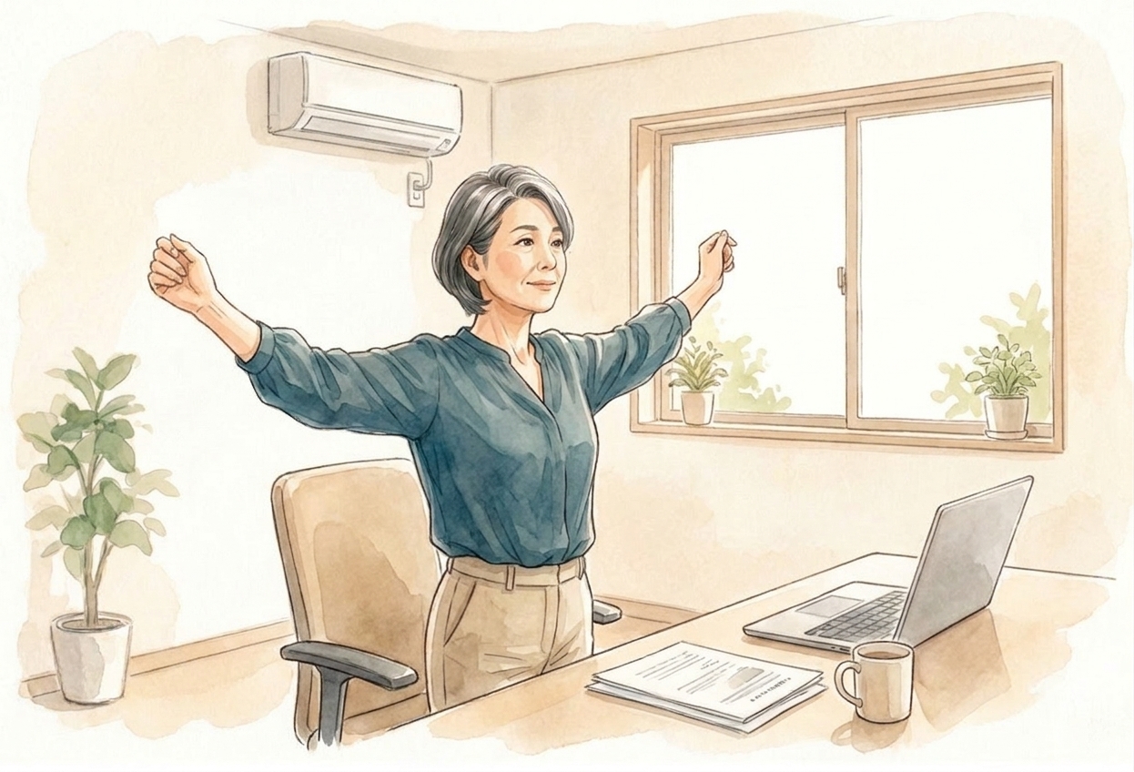 オフィスでデスクの椅子から立ち上がり、両腕を上げて胸を開くように背伸びをする女性