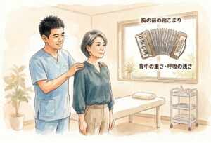背中の重さと胸の前の縮こまり、呼吸の浅さの関係をアコーディオンにたとえて説明する整骨院のイラスト
