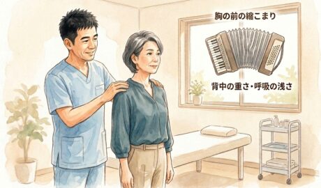 背中の重さと胸の前の縮こまり、呼吸の浅さの関係をアコーディオンにたとえて説明する整骨院のイラスト