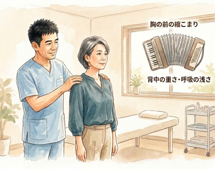 背中の重さと胸の前の縮こまり、呼吸の浅さの関係をアコーディオンにたとえて説明する整骨院のイラスト