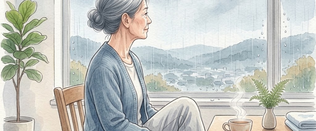 雨の降る窓辺で膝に手を当てて座る60代の女性