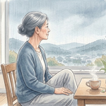 雨の降る窓辺で膝に手を当てて座る60代の女性