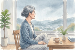 雨の降る窓辺で膝に手を当てて座る60代の女性