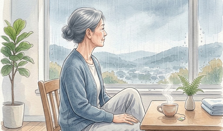 雨の降る窓辺で膝に手を当てて座る60代の女性