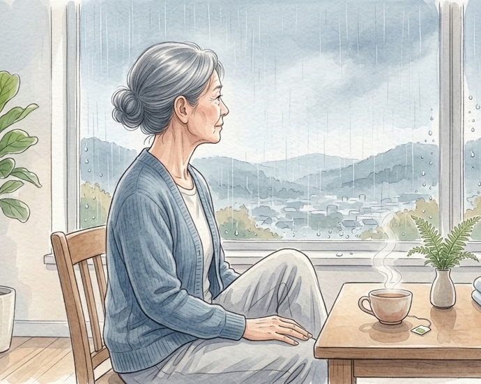 雨の降る窓辺で膝に手を当てて座る60代の女性