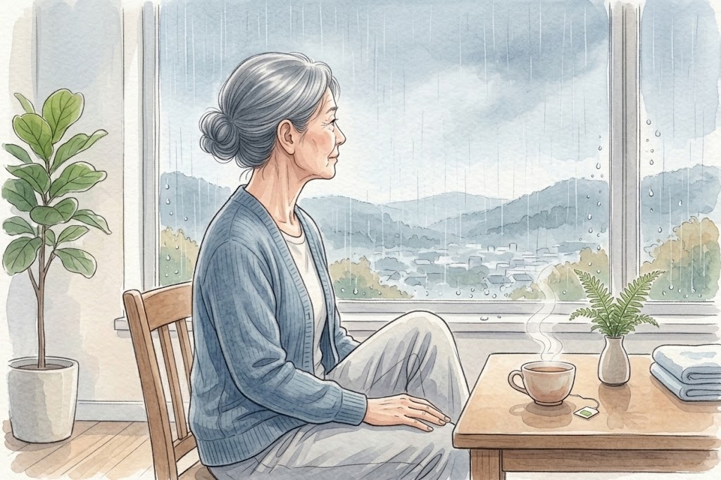 雨の降る窓辺で膝に手を当てて座る60代の女性