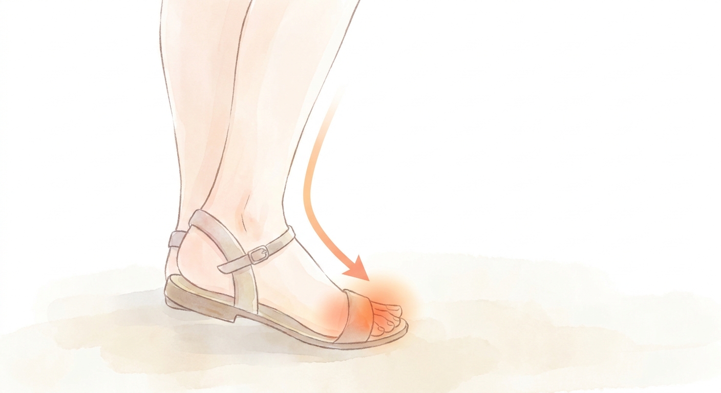 サンダルを履いた足で小指のつけ根に負担が集まるようす