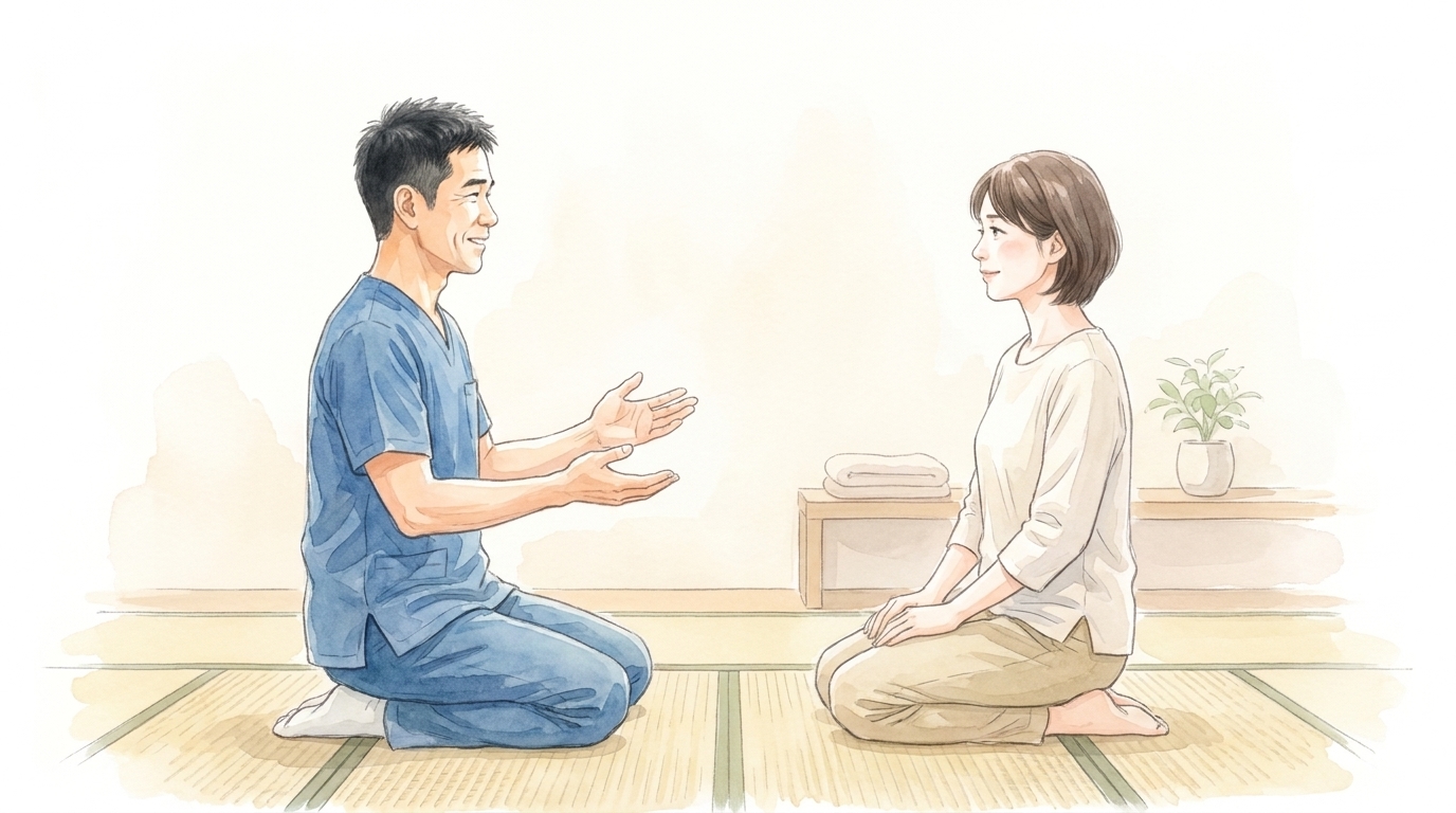 正座で向き合った女性に、手のひらを見せながら説明する院長の水彩イラスト