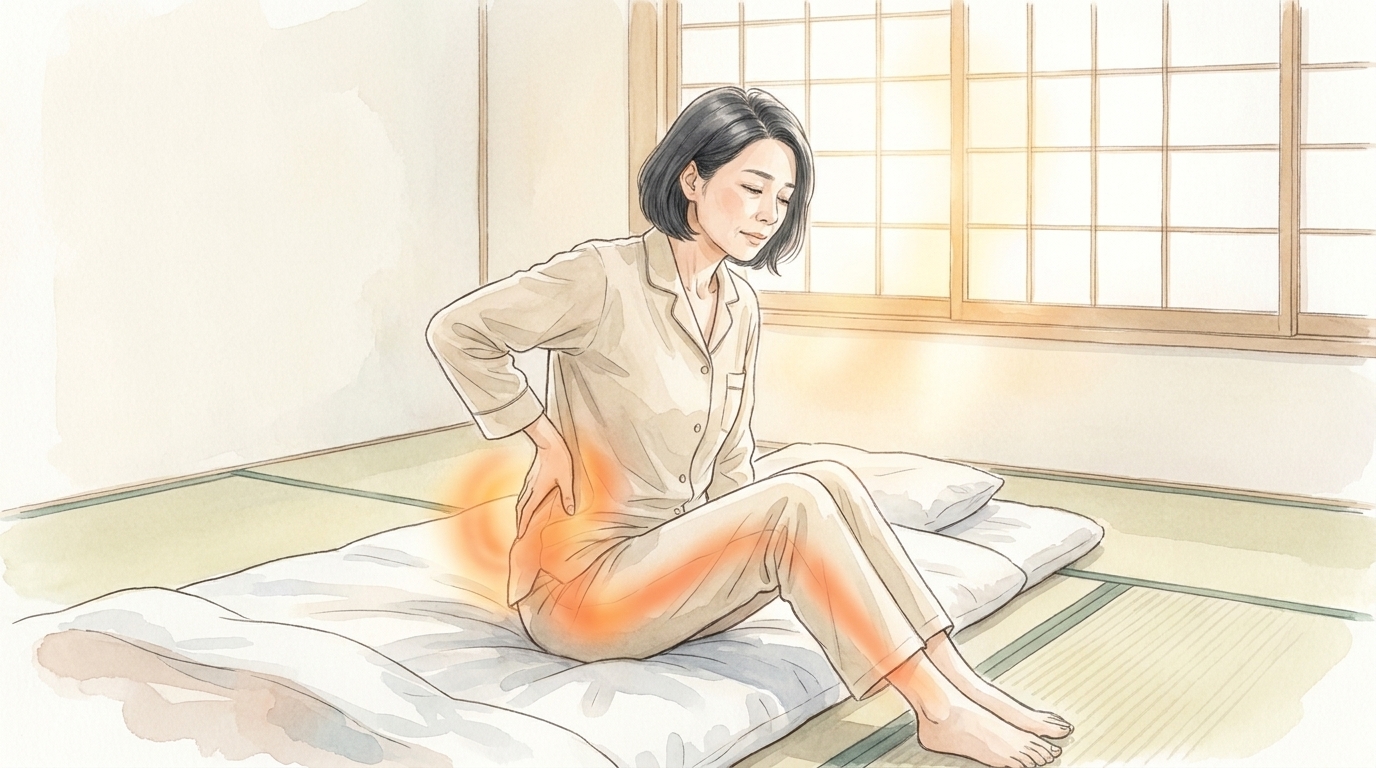 朝、布団の上で起き上がりかけて左の腰を押さえる女性。左の腰からお尻、太ももの前側に痛みの光