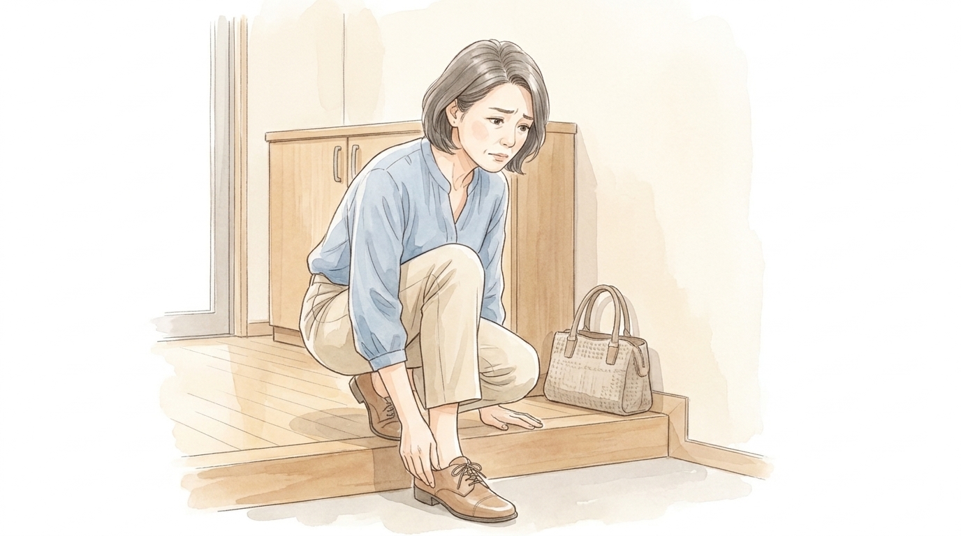 玄関で靴を履きかけたまま手が止まっている40代女性の水彩イラスト