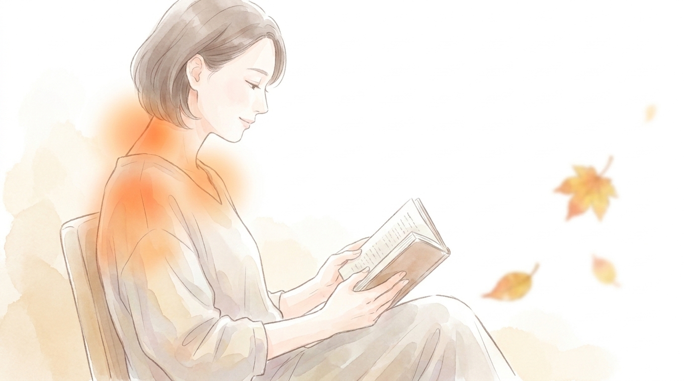 椅子で本を読む女性。頭が前に出て背中が丸くなり、首から肩に負担が集まっているようす