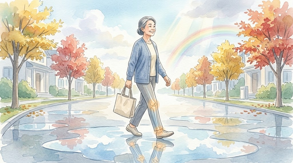 雨上がりの秋の道を軽やかに歩く60代の女性
