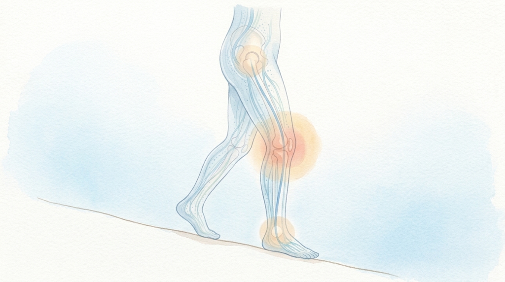 下り坂を歩く脚の図。股関節と膝に負担が集まっているようす