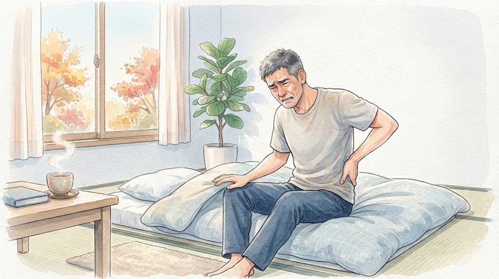 疲れがたまり、体のかたよりが出ている男性