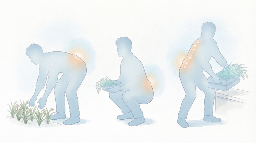 中腰・しゃがむ・持ち上げるという農作業の3つの姿勢と、腰にかかる負担