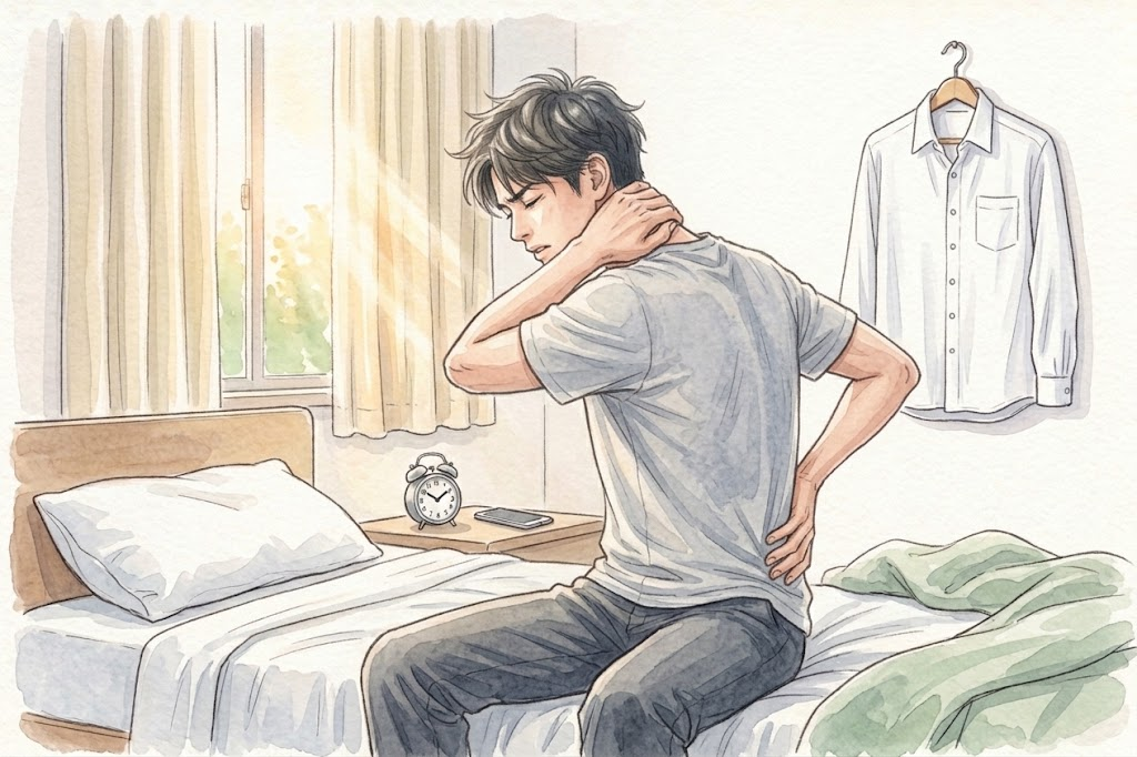 朝ベッドから起きて首と腰を押さえている30代の男性