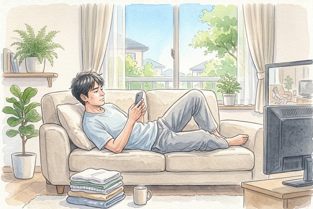 休日にソファで横になりスマホを見ている男性