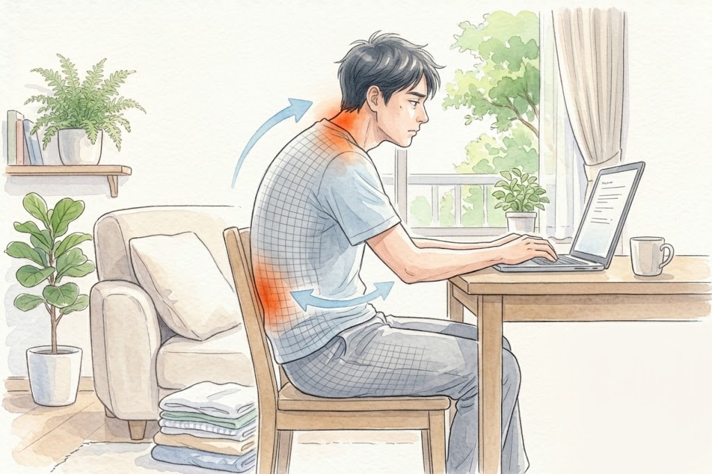 デスクで頭が前に出た姿勢のままパソコン作業をしている男性
