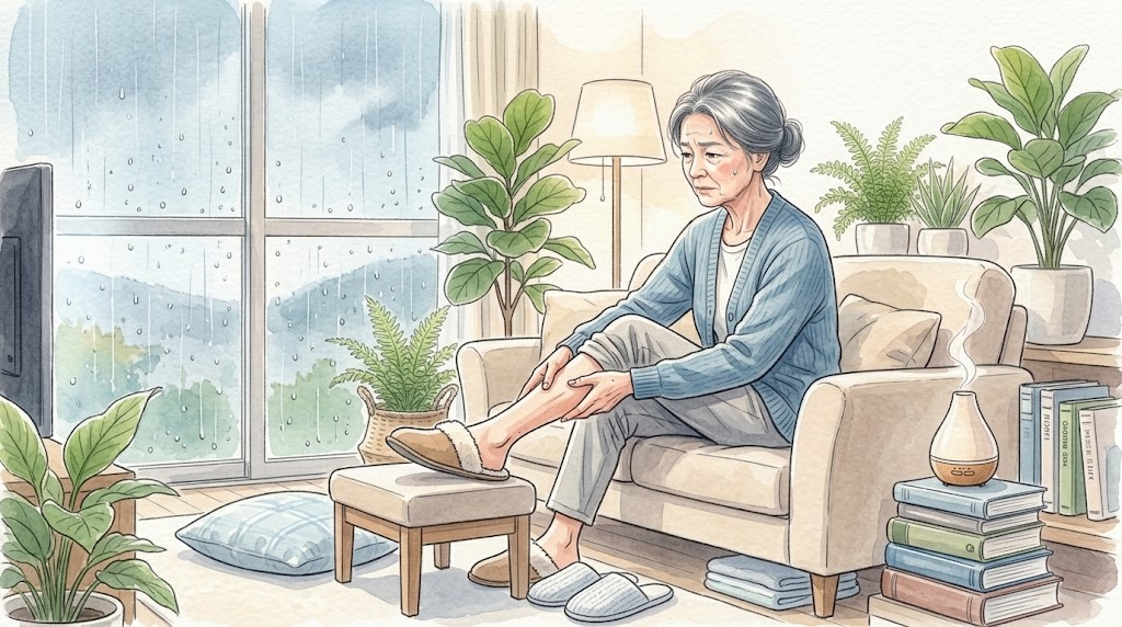 雨の日にソファで右膝をさすっている60代の女性