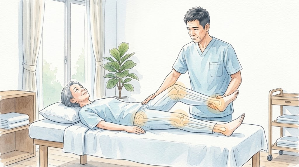 整骨院で女性の足首と膝を確かめながら施術する施術者