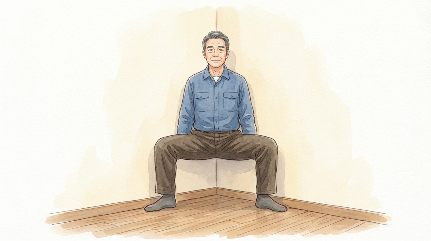部屋の角に背中をつけ、足を左右90度にひらいてひざを90度まで落とす壁の角スクワット