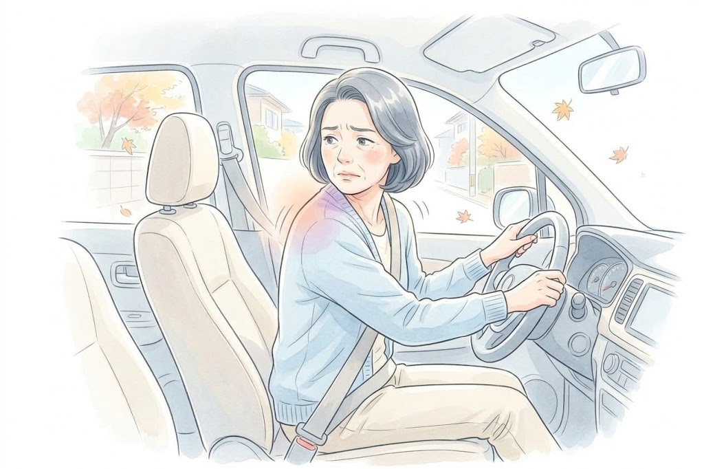 車の運転席で、後ろを振り向こうとして首のつけ根に痛みを感じている女性のイラスト