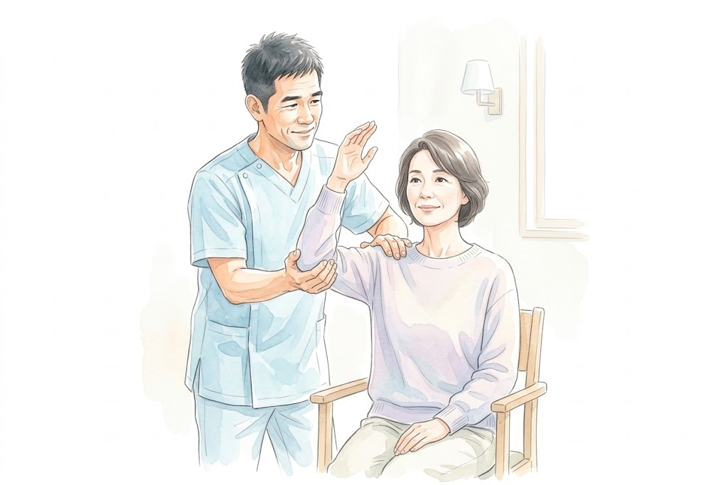 青いスクラブの院長が、座っている女性の腕を上げる動きと肩甲骨の動きを確かめているイラスト