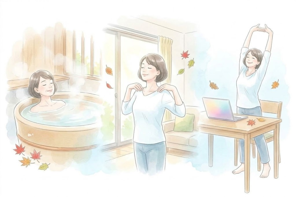 湯船につかる、肩をまわす、デスクで立ち上がって伸びをする、という三つの場面のイラスト