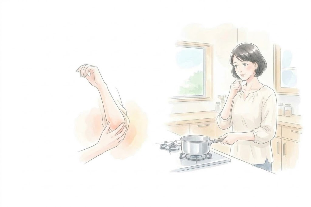 肘の外側を手で押さえている様子と、台所で鍋を前に立ちどまっている女性のイラスト