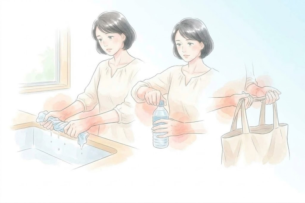 雑巾をしぼる、ペットボトルのふたを開ける、買い物袋を持つという三つの場面のイラスト