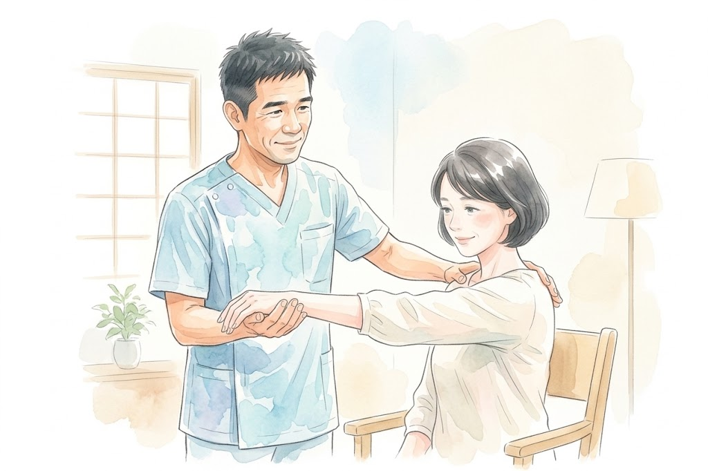 青いスクラブの院長が、座っている女性の腕と肩甲骨の動きを確かめているイラスト