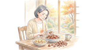 ダイニングテーブルで、ボウルいっぱいの栗を小刀で一つずつむいている女性のイラスト