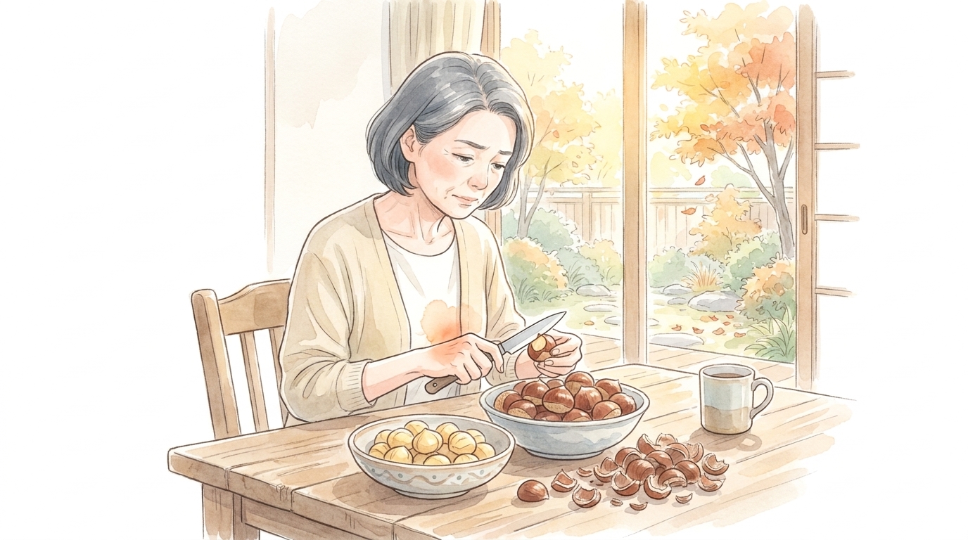 ダイニングテーブルで、ボウルいっぱいの栗を小刀で一つずつむいている女性のイラスト