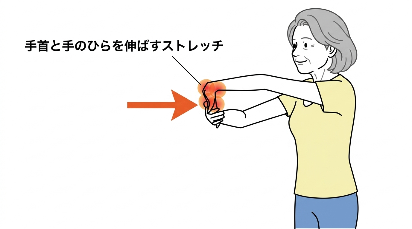 腕を前にまっすぐ伸ばし、反対の手で指を手前に反らせて、手首と手のひらを伸ばしている女性のイラスト