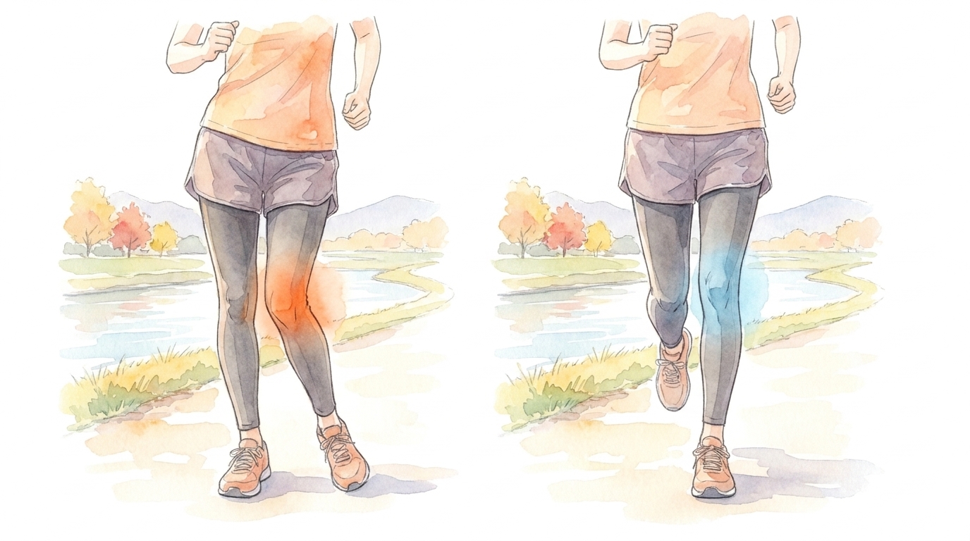 ランナーの腰から下を正面から描いたイラスト。左はひざが内側へ入った片脚着地、右はひざがまっすぐ乗った片脚着地